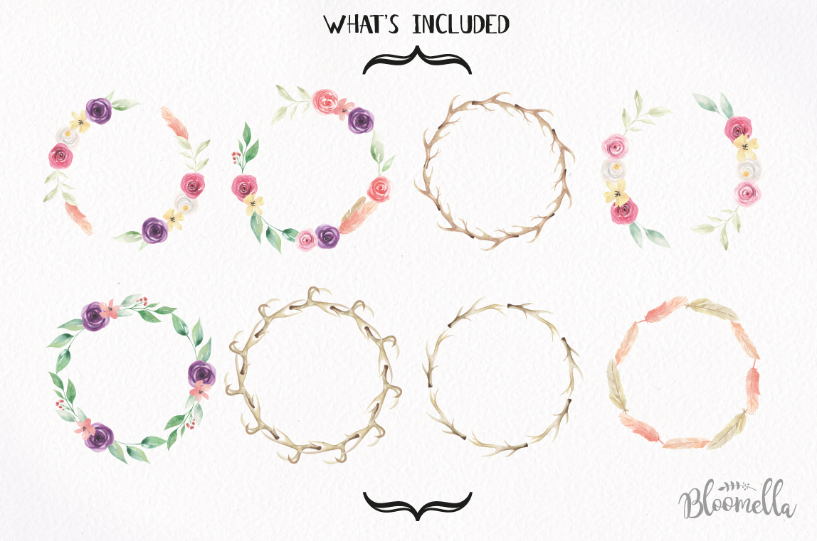 1148x761 Watercolor Antler Flower Floral 8 Wreath Watercolor Garland Set By - Watercolor Garland