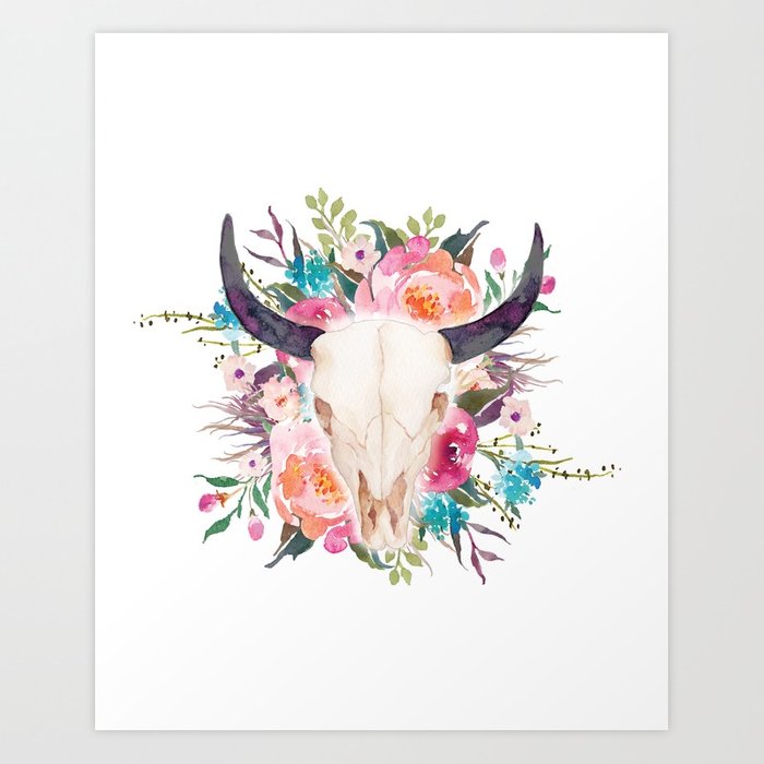 700x700 Watercolor Bull Skull With Flower Garland Art Print By - Watercolor Garland