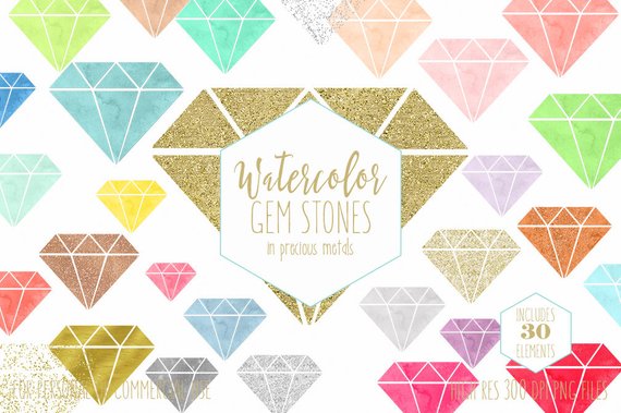 570x379 Watercolor Gems Clipart Commercial Use Clip Art Watercolor Etsy - Watercolor Gems
