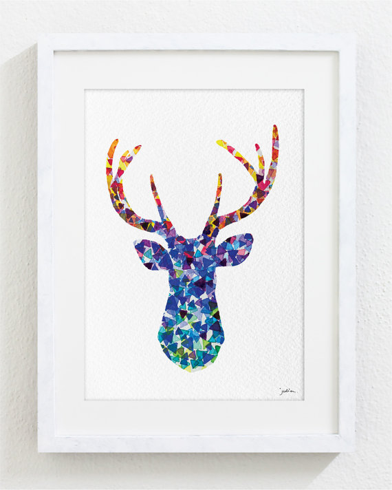 570x712 Blue Deer Watercolor Print - Watercolor Geometric