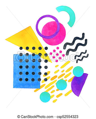 381x470 Memphis Geometric Shapes In Arrangement, Watercolor Illustration - Watercolor Geometric Shapes