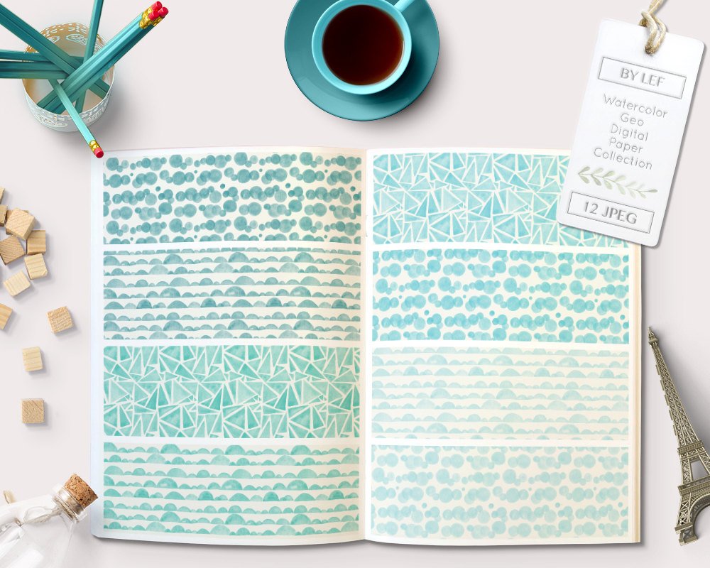 1000x800 Watercolor Digital Paper Pack Seamless, Tiling Background Patterns - Watercolor Geometric Shapes