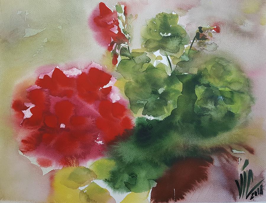 900x688 Geraniums. Red Flowers Watercolor Painting By Vali Irina Ciobanu - Watercolor Geraniums