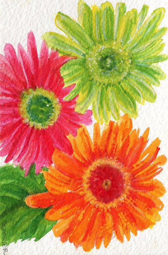 570x864 Gerbera Daisies Watercolor Painting, Original. 4 X 6 Ooak Gerbera - Watercolor Gerbera Daisy