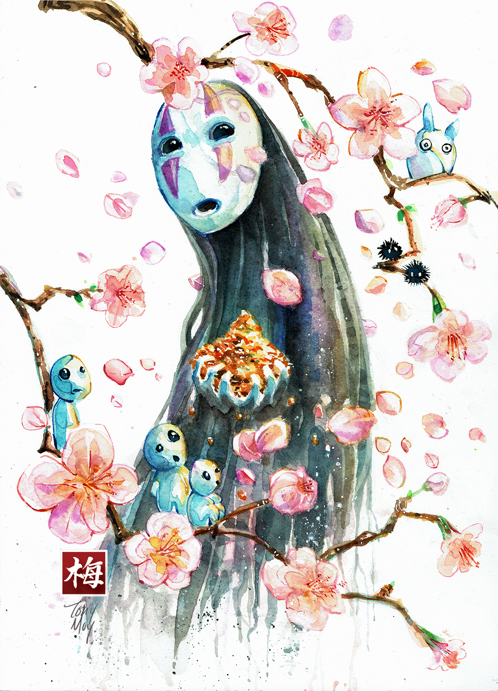 1017x1410 Sakura No Face Amp Friends - Watercolor Ghibli