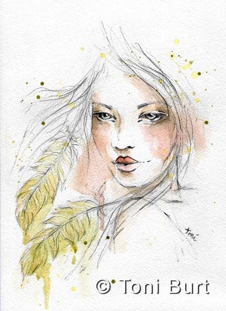 450x619 Envision Watercolour Girl With Feathers From My Art Journal - Watercolor Girl