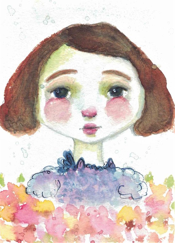 570x790 Original Mixed Media Watercolor Girl Flowers By Ceville Etsy - Watercolor Girl Face