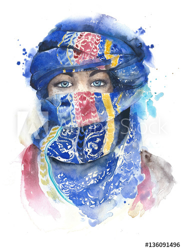 366x500 Woman Covered Face Wearing Hijab Muslim Girl Portrait Moroccan - Watercolor Girl Face