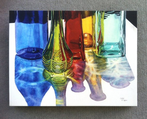 570x462 Glass Bottles Canvas Art Watercolor Painting Print By Cathy Etsy - Watercolor Glass Bottles