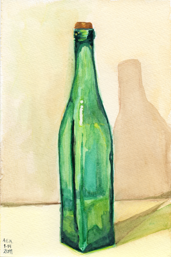 333x500 Green Glass Bottle Original Watercolor Daily Painting Of Emerald - Watercolor Glass Bottles