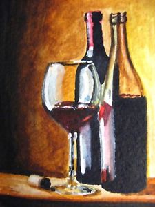 225x300 Watercolor Painting Red Wine Glass Bottle Alcohol Drink Aceo Art - Watercolor Glass Bottles