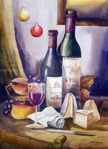 375x520 Wine Bottles, Wine Glass Amp Food Watercolor Painting Painting By - Watercolor Glass Bottles