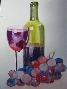 225x300 Watercolor Painting Red Wine Glass Bottle Alcohol Drink Grapes 5x7 - Watercolor Glass Painting