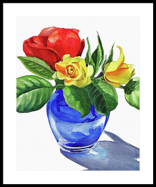 600x719 Red And Yellow Rose In Blue Glass Vase Watercolor Framed Print By - Watercolor Glass Vase