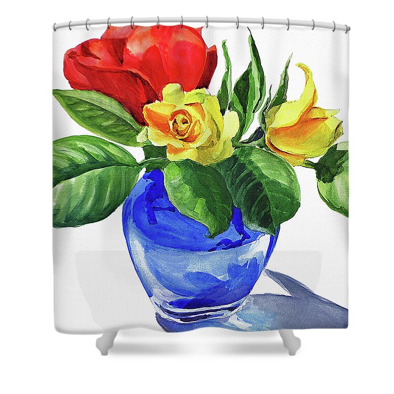800x800 Red And Yellow Rose In Blue Glass Vase Watercolor Shower Curtain - Watercolor Glass Vase