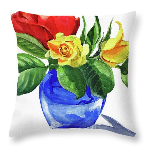 500x500 Red And Yellow Rose In Blue Glass Vase Watercolor Throw Pillow For - Watercolor Glass Vase