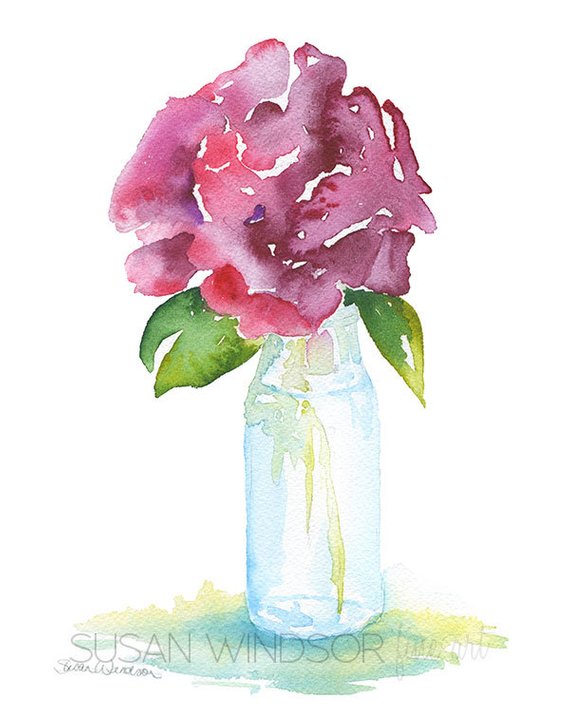 570x726 Watercolor Rose In Glass Vase 11 X 14 Giclee Print Etsy - Watercolor Glass Vase