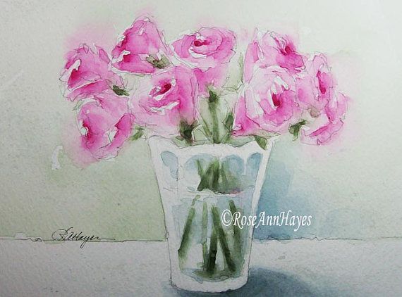 570x422 Watercolor Painting Of Pink Roses In A Glass Vase By Roseann Hayes - Watercolor Glass Vase