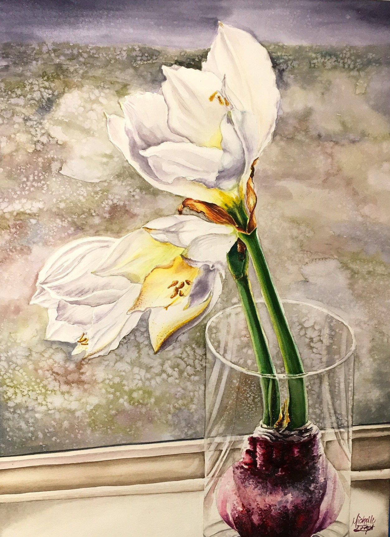 1252x1724 White Amaryllis In Glass Vase - Watercolor Glass Vase