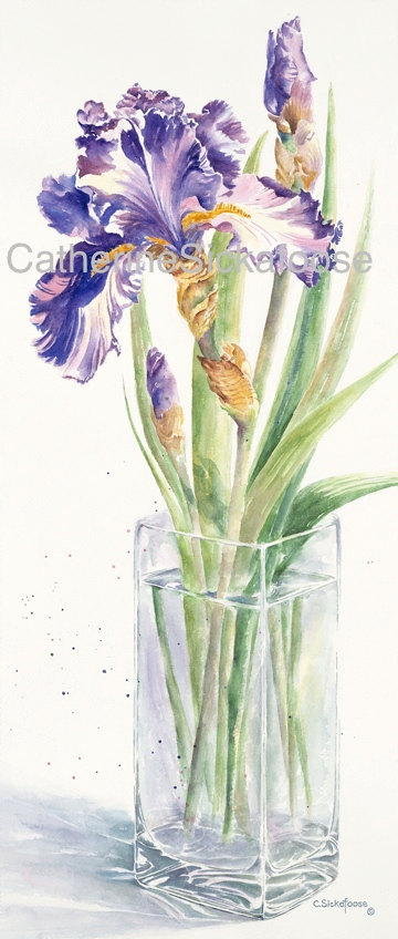 360x848 Purple Iris, Glass Vase, Watercolor Painting, Fine Art Limited - Watercolor Glass Vase
