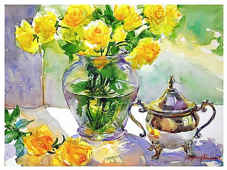 446x333 Watercolor Painting Yellow Rose In A Glass Vase - Watercolor Glass Vase