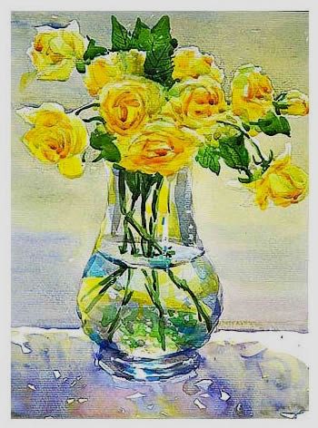 350x472 Watercolor Painting Yellow Rose In Glass Vase Art - Watercolor Glass Vase