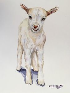 226x300 Cute Baby Goat Portrait, Goatling, Farm Animal Art, Original - Watercolor Goat