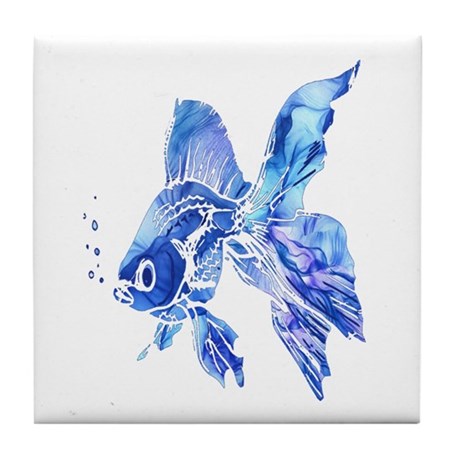 460x460 Blue Watercolor Goldfish Tile Coaster By Barkettc - Watercolor Goldfish