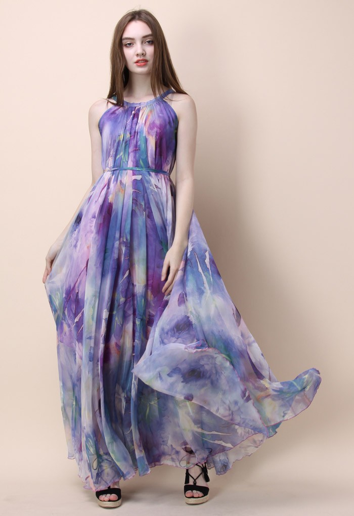 700x1021 Floral Watercolor Maxi Slip Dress In Violet - Watercolor Gown