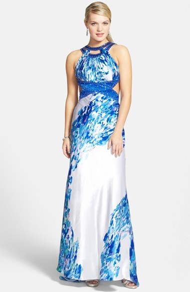 380x583 Morgan Co Watercolor Print Embellished Open Back Satin Train Gown - Watercolor Gown