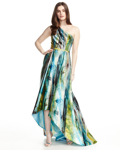 456x570 Pamella Roland Watercolor Floral One Shoulder High Low Gown, Fern - Watercolor Gown