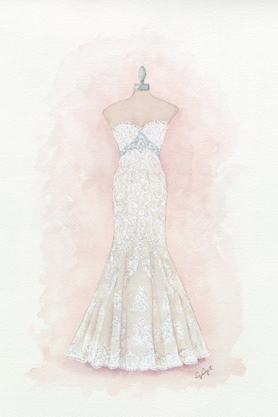 570x855 Custom Wedding Dress Painting Watercolor Dress Illustration Etsy - Watercolor Gown