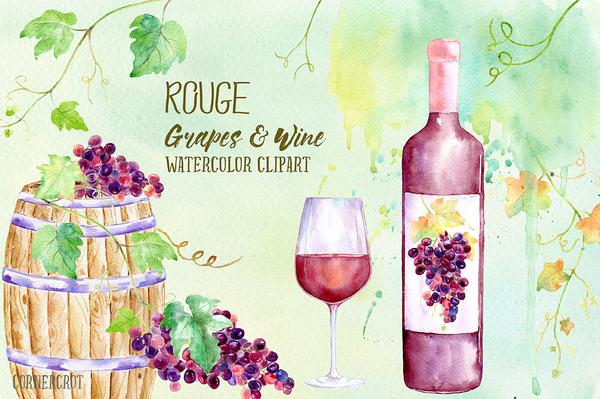 600x399 Watercolor Rouge Grapes And Wine, Red Grape, Vines, Bottle Of Red - Watercolor Grapes