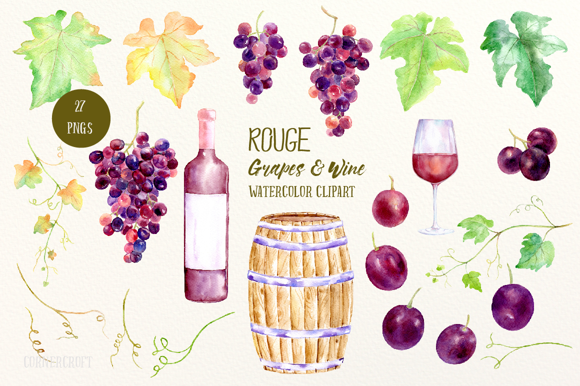 1160x772 Watercolor Rouge Grapes And Wine By Cornercroft - Watercolor Grapes