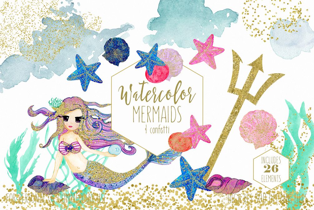 1006x671 Watercolor Mermaid Clipart With Metallic Gold Confetti Mermaids - Watercolor Graphics