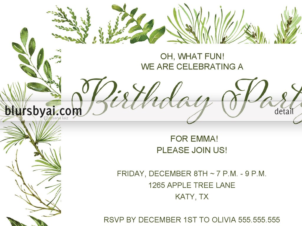 1024x768 Editable Pdf Birthday Party Invitation Template Watercolor - Watercolor Greenery