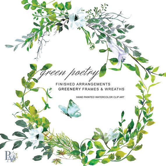 570x571 Hand Painted Watercolor Greenery Clipart Greenery Wreath Etsy - Watercolor Greenery