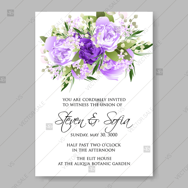 600x600 Lavander Violet Purple Lilac Peony Floral Wedding Invitation - Watercolor Greenery Vector