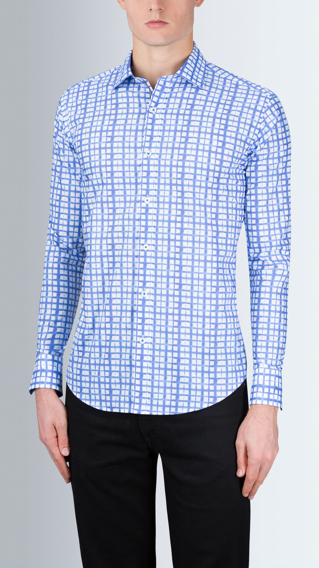 1040x1849 Shaped Fit Long Sleeve Watercolor Grid Printed Cotton Shirt Bugatchi - Watercolor Grid