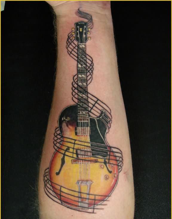 576x731 A High Quality Music Tattoo Of A Guitar Surrounded By Musical - Watercolor Guitar Tattoo