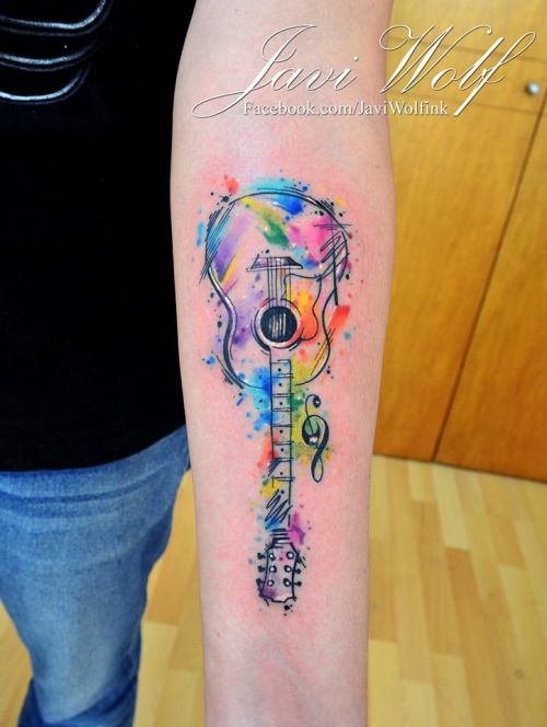 500x664 Realistic Watercolor Sketch Guitar Tattoo. Tattooed By Javiwolfink - Watercolor Guitar Tattoo