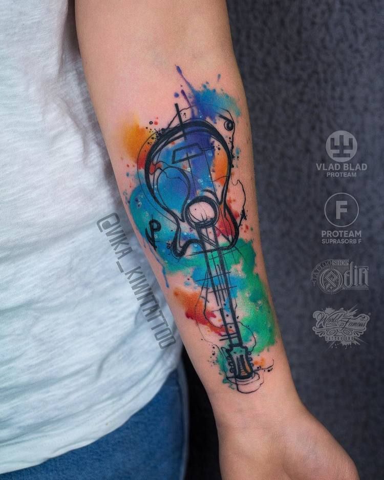 750x937 40 Graphic Watercolor Tattoos By Vika Kiwi Watercolor Tattoo - Watercolor Guitar Tattoo