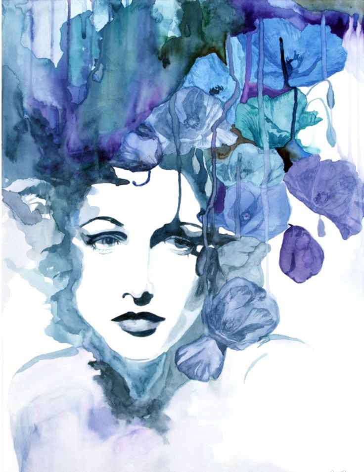 736x954 Blue Hair Woman Watercolor Painting Christina - Watercolor Hair