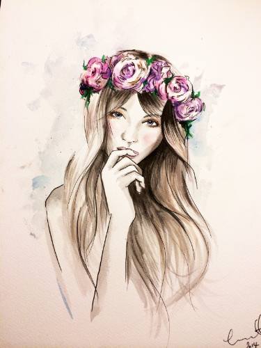 375x500 Flowers In Her Hair Drawing By Tanya Bennett Saatchi Art - Watercolor Hair