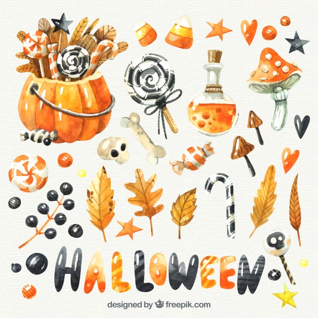 626x626 Assortment Of Candies And Watercolor Halloween Elements Vector - Watercolor Halloween
