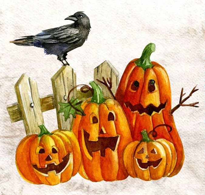 675x644 Halloween Treats Day 4 Watercolor Pumpkins And A Crow - Watercolor Halloween