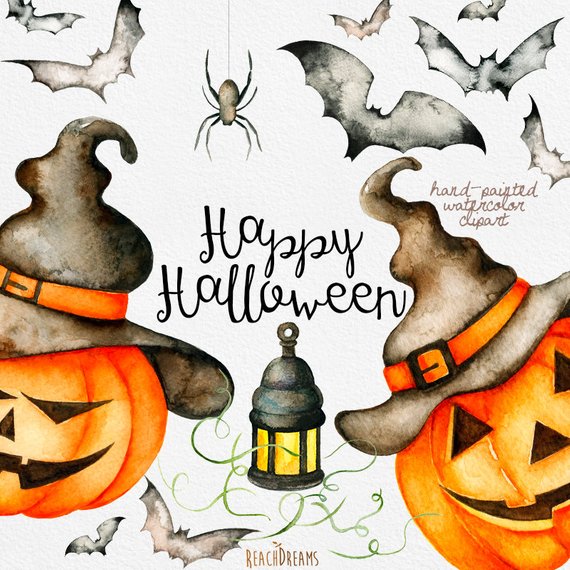 570x570 Halloween Watercolor Clipart Autumn Pumpkin Fall Holiday Etsy - Watercolor Halloween