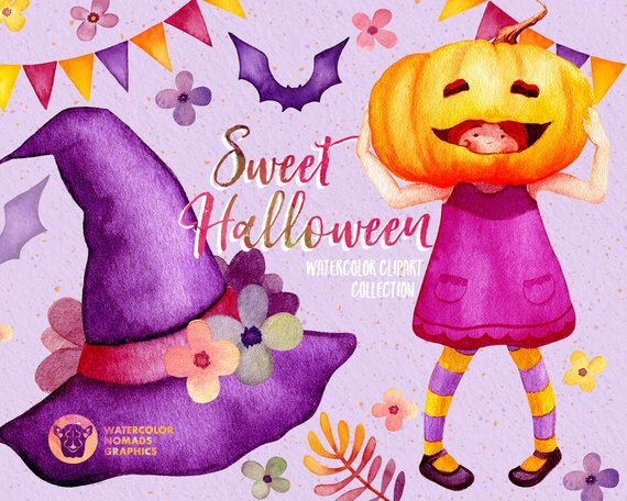 570x456 Watercolor Halloween Clipart Witch Hat Clipartwatercolor Etsy - Watercolor Halloween