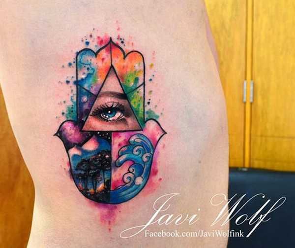 600x503 Attractive Watercolor Hamsa Tattoo Design By Javi Wolf - Watercolor Hamsa Tattoo
