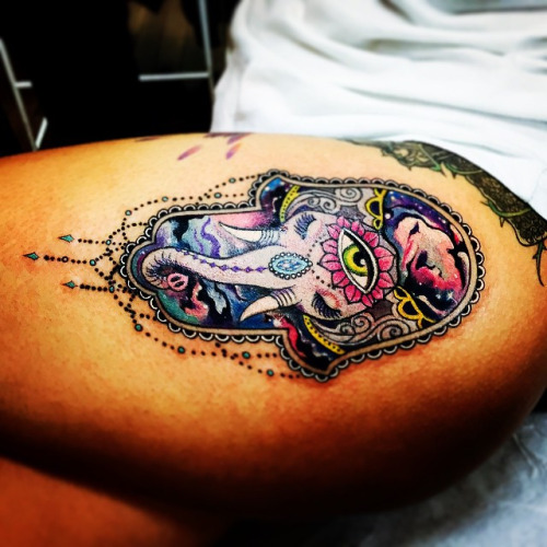 500x500 Cool Colorful Elephant Hamsa Tattoo On Left Thigh - Watercolor Hamsa Tattoo